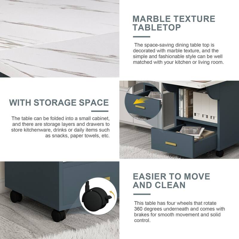 Wood Folding Dining Table, Extendable Office Table with Wheels, Movable Kitchen Table with Storage Rack & Drawers