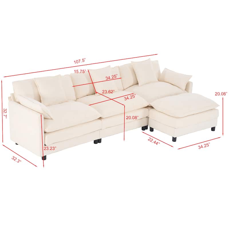 108 Inch L Shaped Modular Sectional Sofa, Chenille Cloud Couch with Ottoman, Deep Seat Modern Sofa