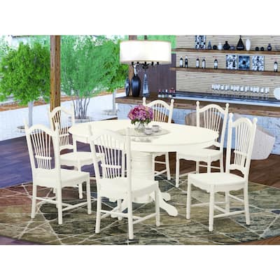 HomeStock 7-Piece Linen White Finish Solid Wood Top Dining Table with 6 Chairs with Lattice Back