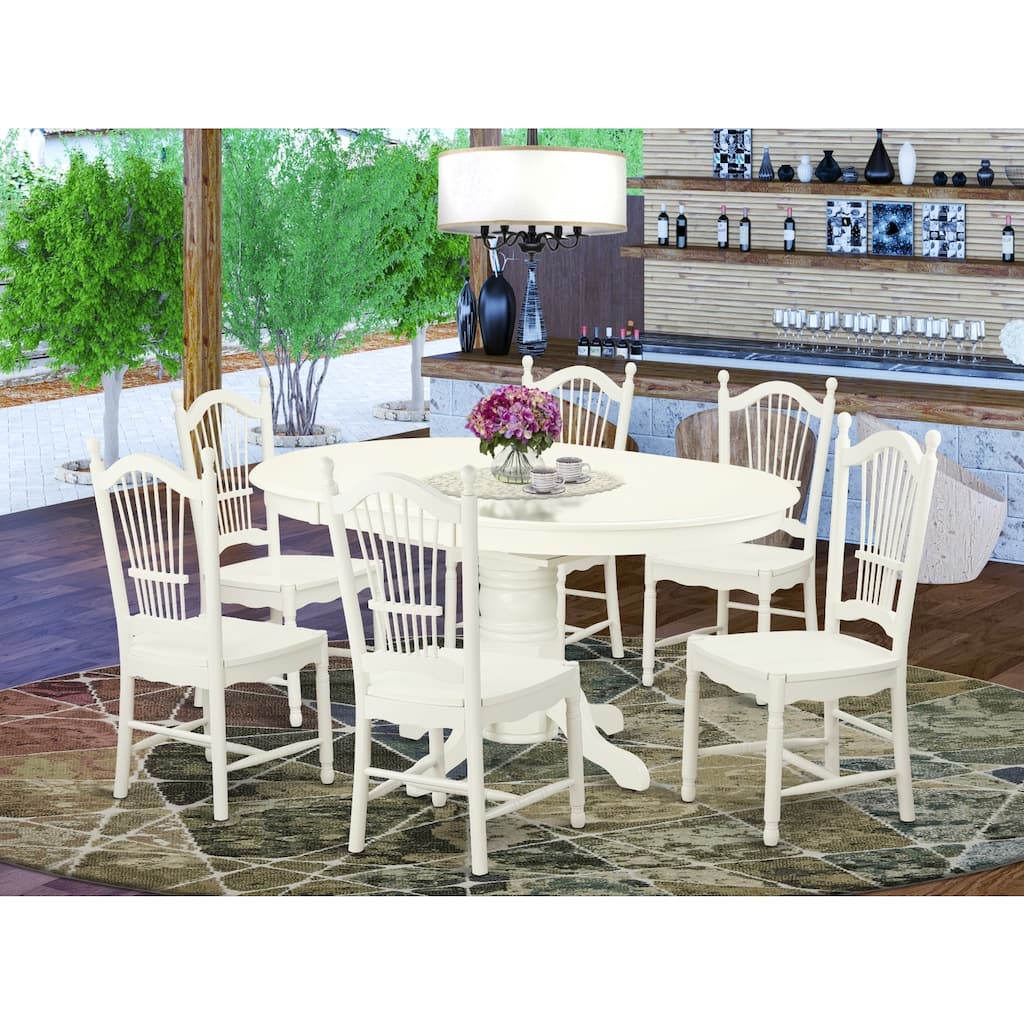 HomeStock 7-Piece Linen White Finish Solid Wood Top Dining Table with 6 Chairs with Lattice Back