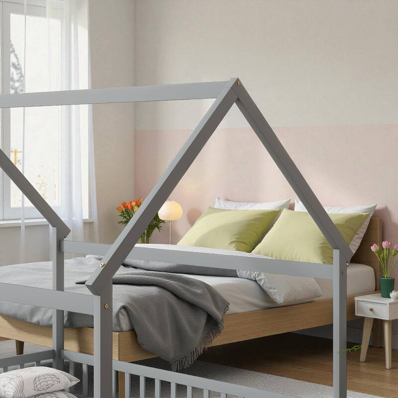 Full Size House Floor Bed with Roof Frame and Guardrails, Solid Wood Montessori Bed for Kids with Fence Design