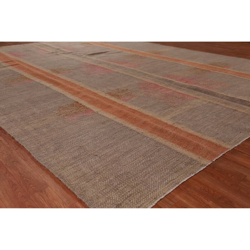 Hand Woven Oriental 100% Jute Carpet Modern Stripe Brown Kilim Area Rug - 11' 7'' X 9' 2''