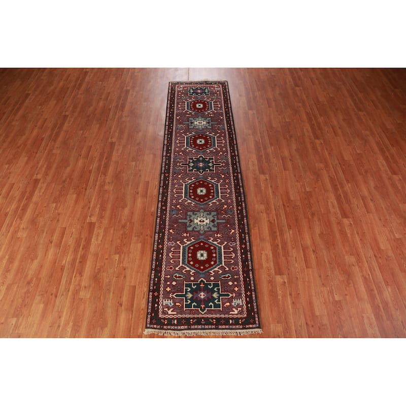 Hand Knotted Oriental 100% Wool Carpet Transitional Geometric Purples Khotan Runner Rug - 9' 10'' X 2' 7''