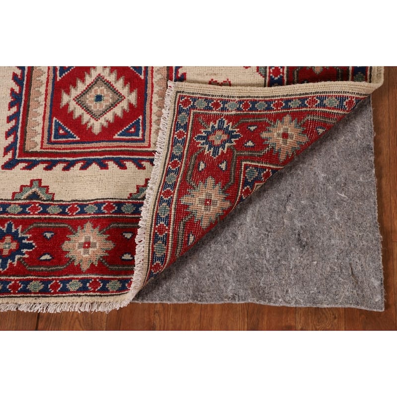 Ivory Geometric Kazak Oriental Accent Rug Hand-Knotted Wool Carpet - 3'7"x 5'0"