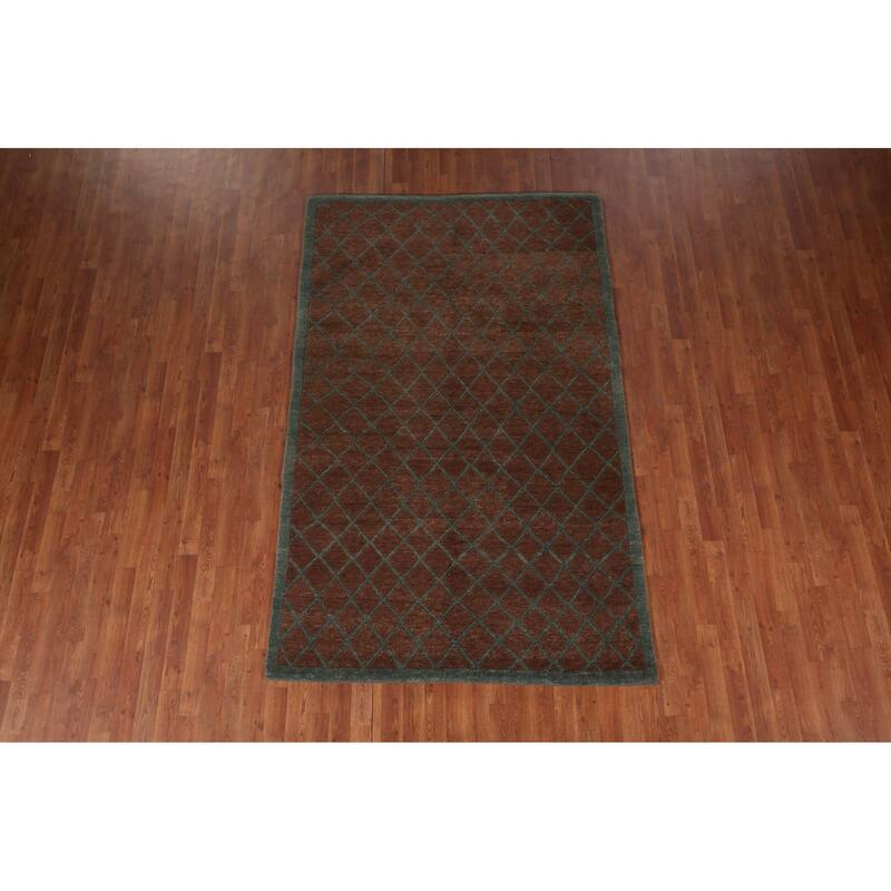 All-Over Brown Trellis Nepalese Oriental Rug Hand-Knotted Wool Carpet - 5'0"x 8'1"