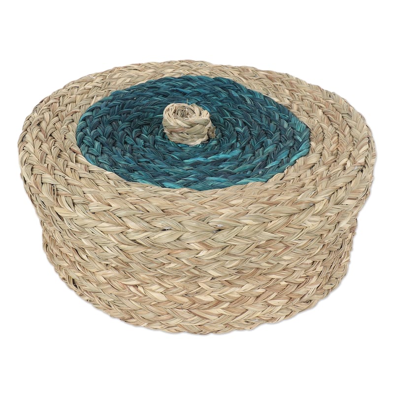 Novica Handmade Turquoise Allure Natural Fiber Basket