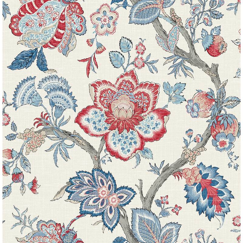Seabrook Designs Bernadette Jacobean Nonwoven Unpasted Wallpaper - 27 in. W x 27 ft. L - French Blue & Antique Ruby