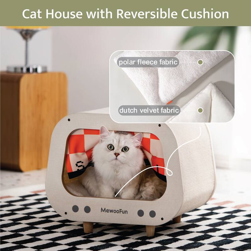 Wooden TV-Shaped Cat Bed, Cat House with Cushion
