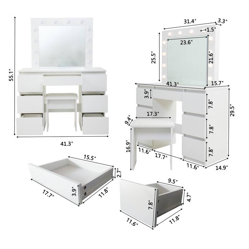 White Makeup Table and Stool Set for Bedroom, Makeup Vanity Desk with Mirror and 12 LED Bulbs, Dressing Table with 4 Drawers