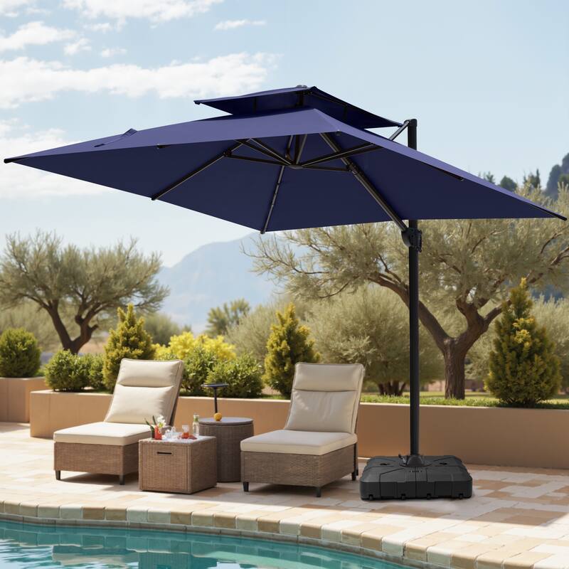Pellebant Outdoor 10x10 FT Square Cantilever Patio Umbrella 360 Degree Rotation with HDPE Base - Navy Blue