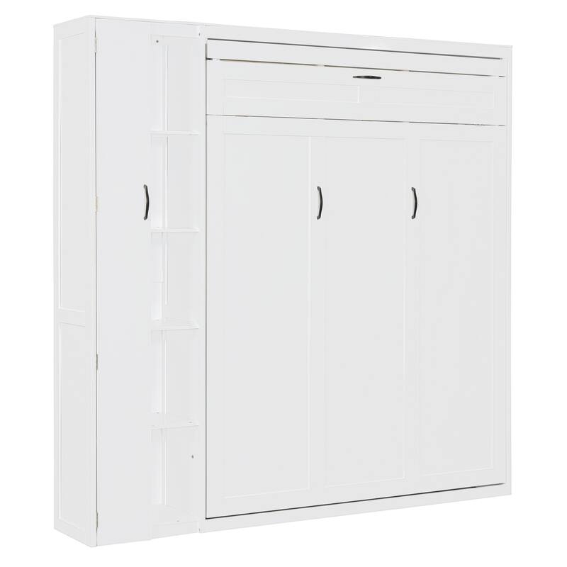 Queen Size Wall Bed with Shelves, Wardrobe, and LED Lights, Space-Saving Design