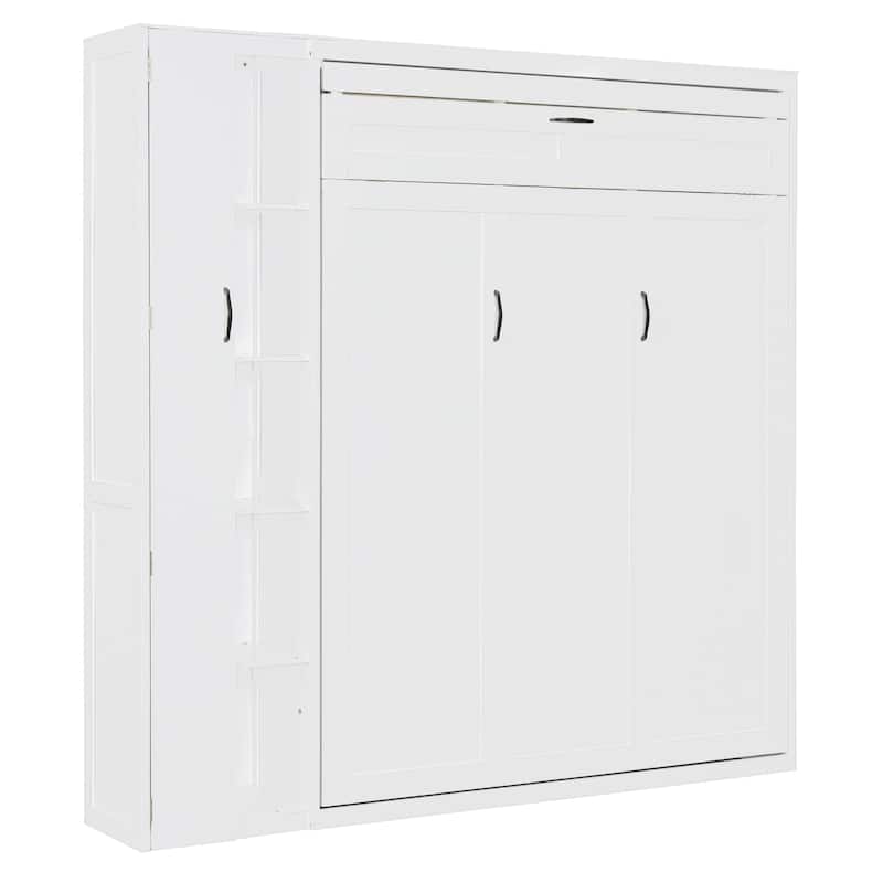 White Multi-Functional Queen Size Murphy Bed Wall Bed with Shelves, Wardrobe and LED Lights for Bedroom Apartment