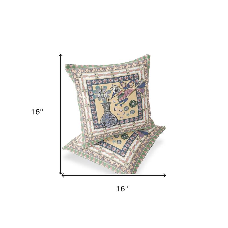 HomeRoots Set of Two 16" X 16" Beige and Pink Peacock Blown Seam Floral Indoor Outdoor Throw Pillows - 16.00' X '16.00' X '5.00