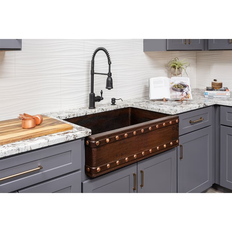 33-in Hammered Copper Kitchen Apron Single Basin Sink w/ Barrel Strap Design with Accessories (KSP3_KASDB33229BS)