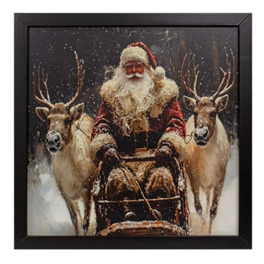 Snowy Santa and Reindeer Framed Print Classic Christmas Wall Art Black Wood Frame Winter Holiday Decor 13x13