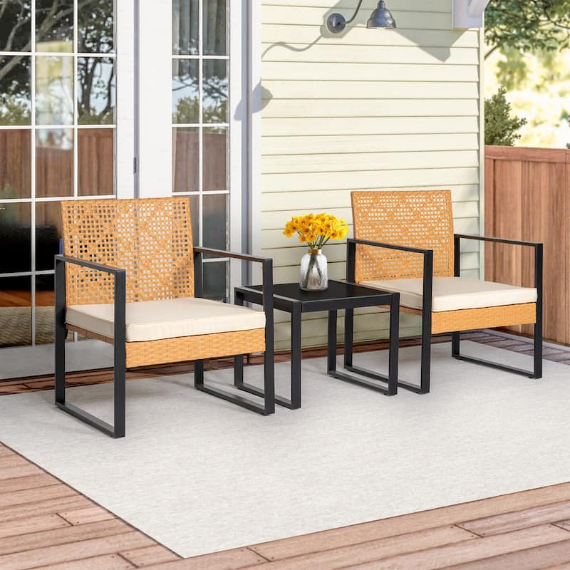 3 Pieces Patio Set Outdoor Wicker Furniture Sets, Modern Rattan Chair Conversation Sets with Glass Coffee Table - Beige