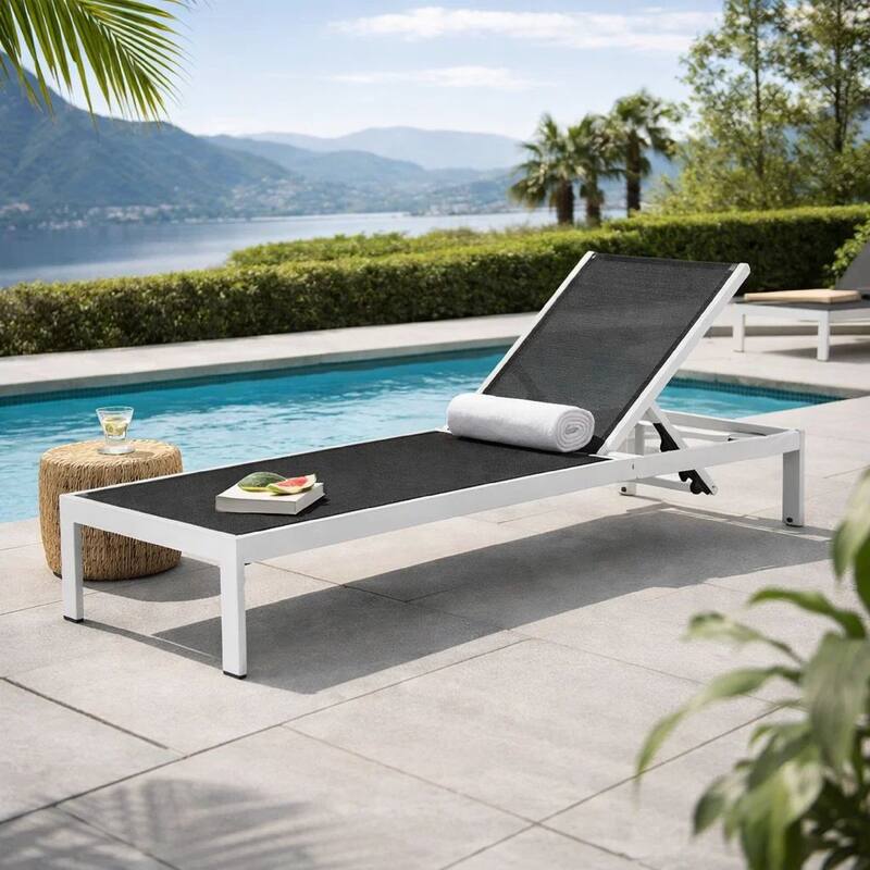 Edie 76 Inch Outdoor Adjustable Chaise Lounger, Metal, Black Textilene