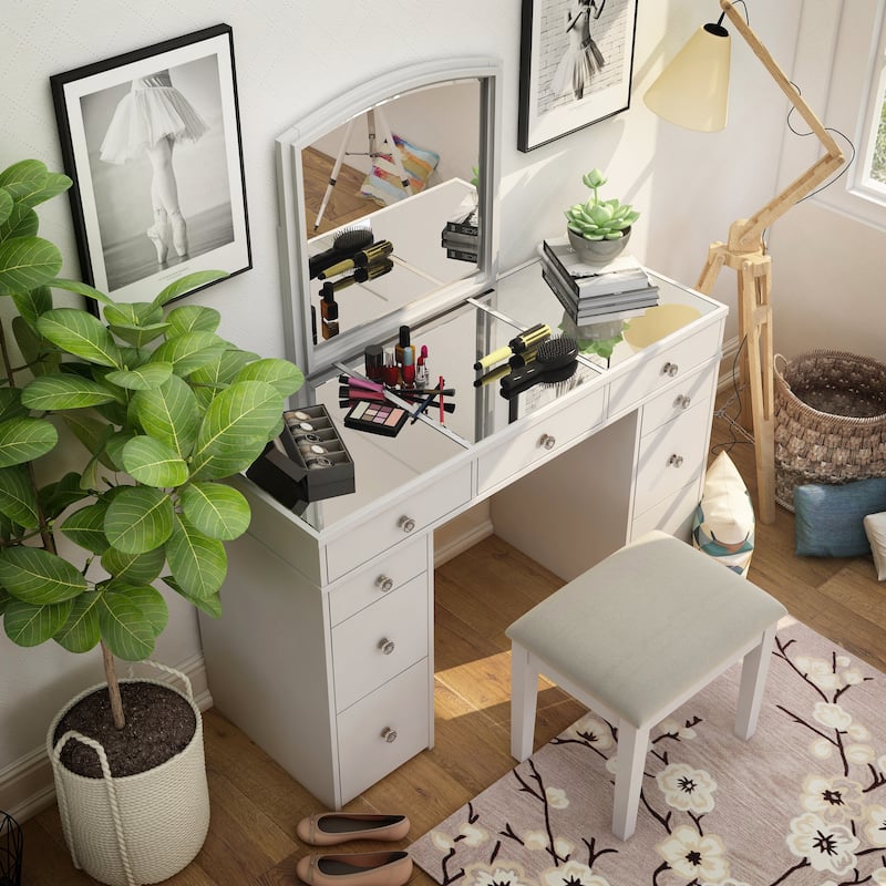 Furniture of America Cork Transitional White Wood 9-Drawer 3-Piece Makeup Vanity Set