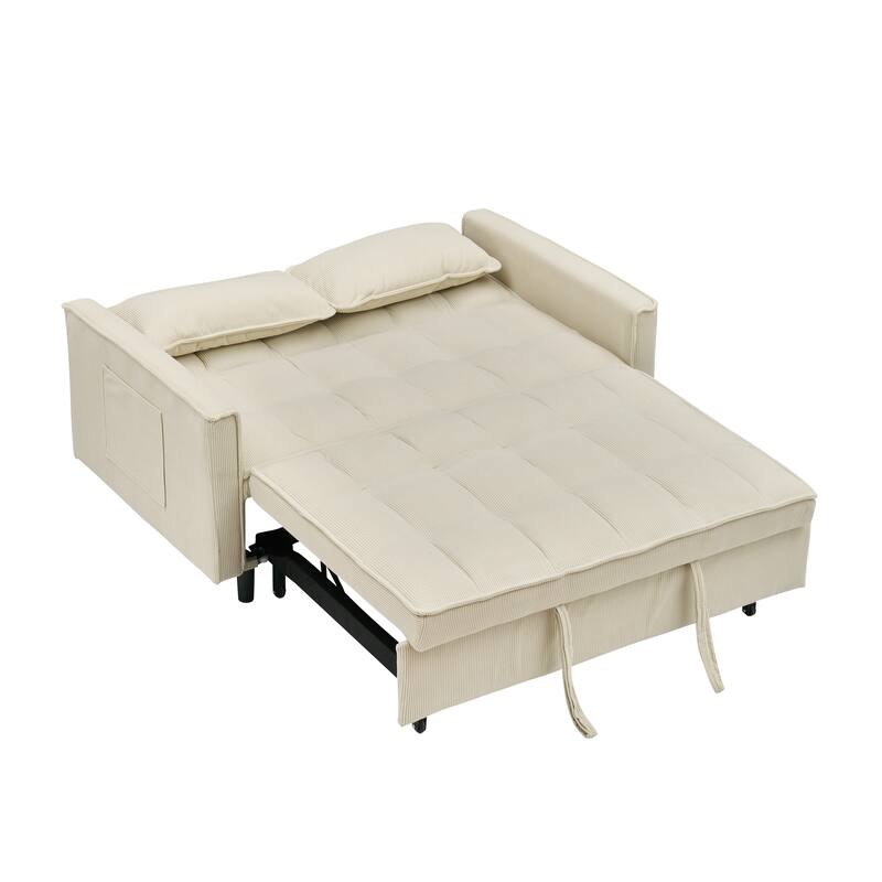 Beige Corduroy Loveseat Pull-Out Sofa Bed with Adjustable Back