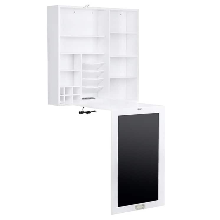 Utopia Alley Collapsible Fold Down Desk Table with Storage Cabinet & Shelves, Computer Desk Storage with USB Charging, White