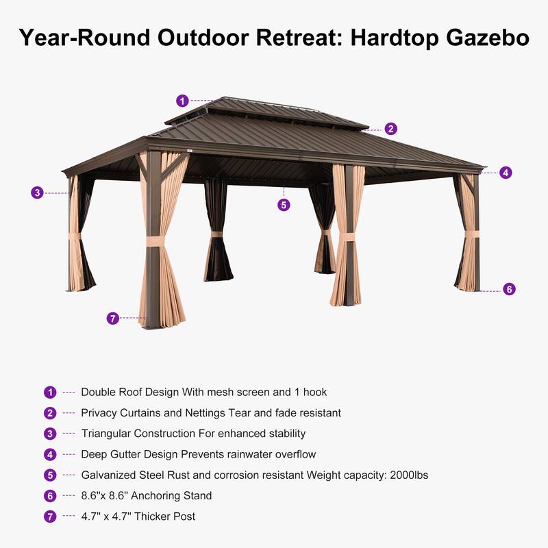 PURPLE LEAF Outdoor Gazebo Aluminum Frame Galvanized Steel Hardtop Gazebo