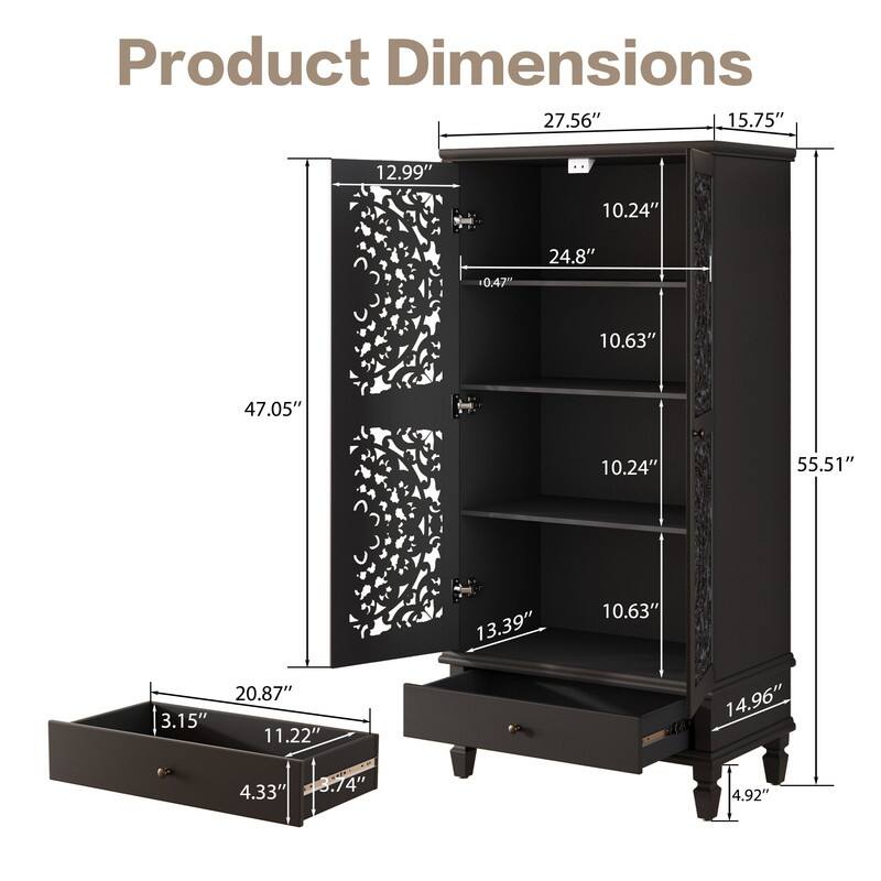 Rustic 55" Tall Storage Cabinet with Drawer, Decorative Carved Wood Accent for Living Room or Dining Area