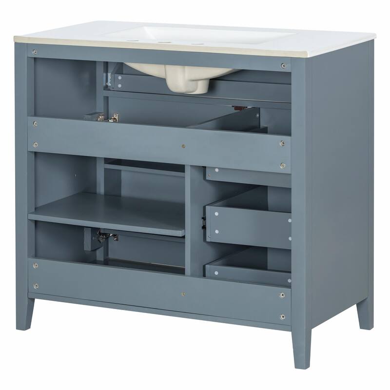 Bathroom Vanity with Sink, Modern MDF and Rubberwood Cabinet with 3 Drawers and Adjustable Shelf