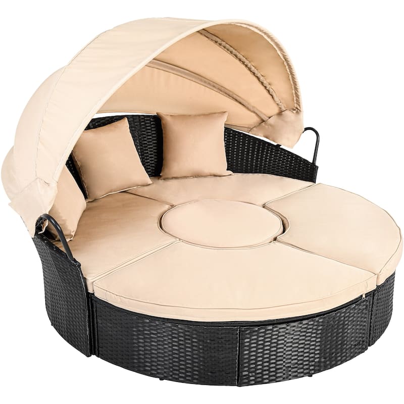 Moasis Patio Round Outdoor Daybed with Retractable Canopy Rattan Wicker Clamshell Furniture Seating