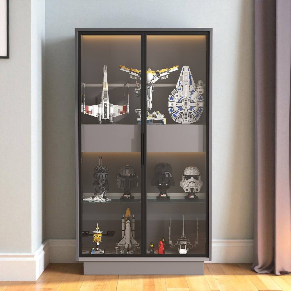 60.6" Modern Display Cabinet with Glass Doors, LED Lights, Adjustable Shelves and 2 Storage Drawers