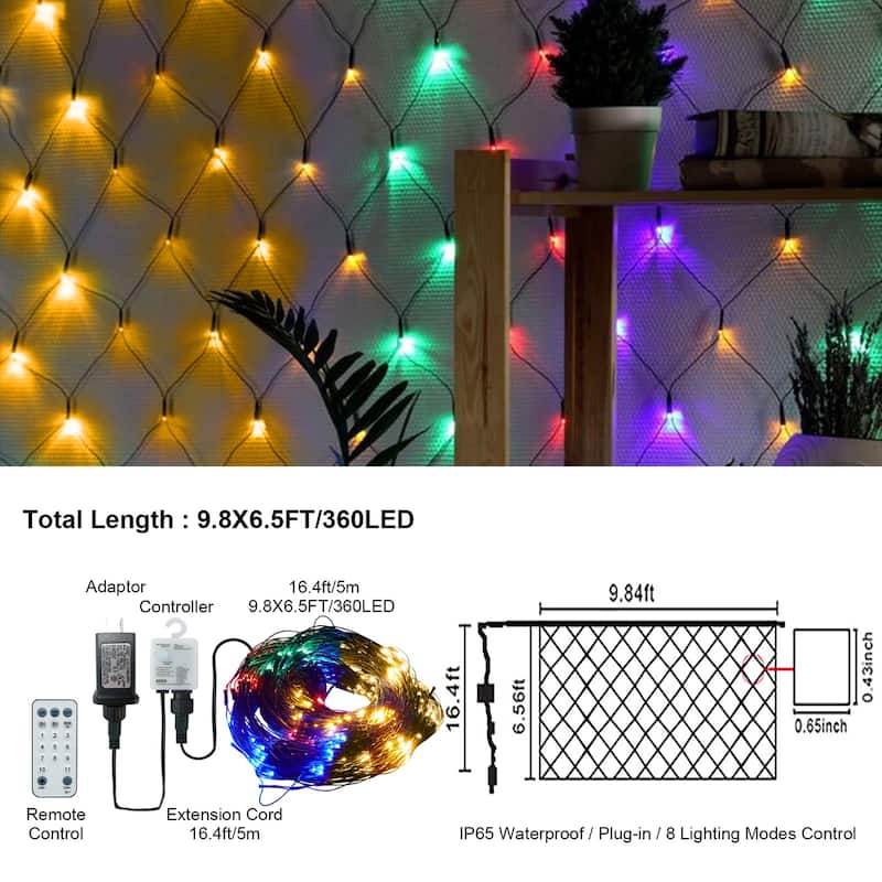 Christmas Mesh Net Lights 360 LEDs White 8 Lighting Modes Remote Timer for Indoor Outdoor Use - 117.6” x 78”
