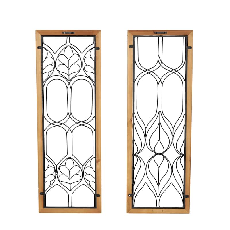 Metal Geometric Wire Cutout Home Wall Decor with Beaded Accents and Brown Wood Frames - Set of 2 Black - Roche River Decor