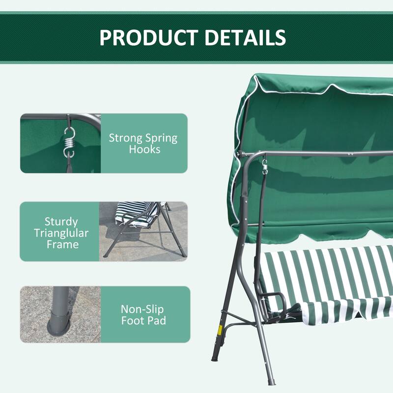 Outsunny 3-Person Porch Swing with Canopy, Patio Swing Chair, Outdoor Canopy Swing Bench with Adjustable Shade, Cushion