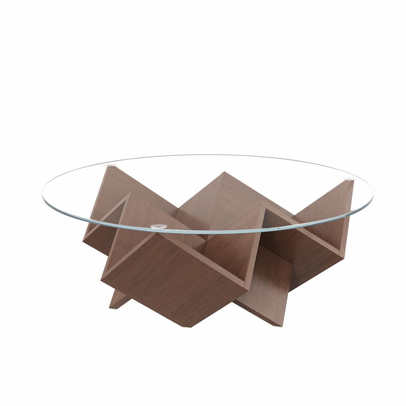 Round Coffee Table with Glass Top and Geometric Abstract Art Deco Base - Walnut, 35.4" with Storage Shelves