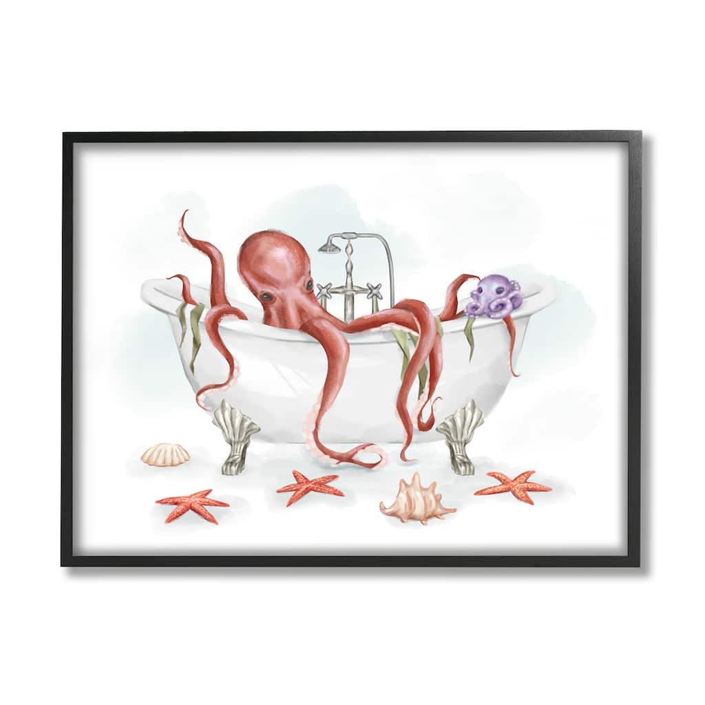 Stupell Red Octopus Nautical Claw Bath Sea Shells Framed Wall Art