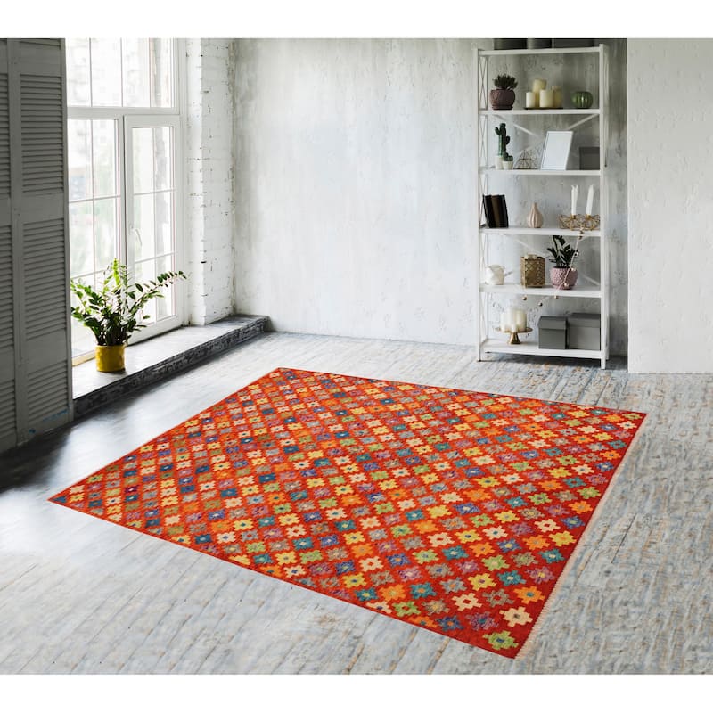 Modern Balochi Velazquez Orange/Green Hand Knotted Wool Rug - 5'0'' x 6'6''