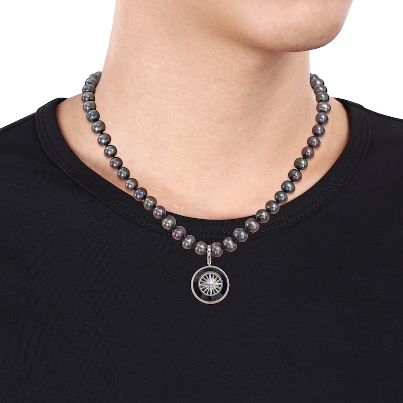 Miadora 7-7.5mm Black Cultured Freshwater Pearl and Black Agate Men's Necklace in Sterling Silver
