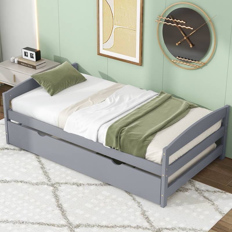 Twin Platform Bed with Twin Trundle - Sturdy Pine Wood Frame, Headboard, Footboard, and Space-Saving Design