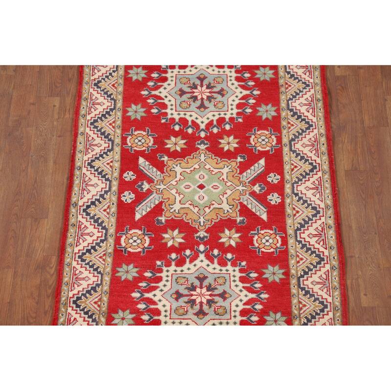 Geometric Kazak Runner Rug Handmade Red Wool Carpet - 2'11" x 9'8"
