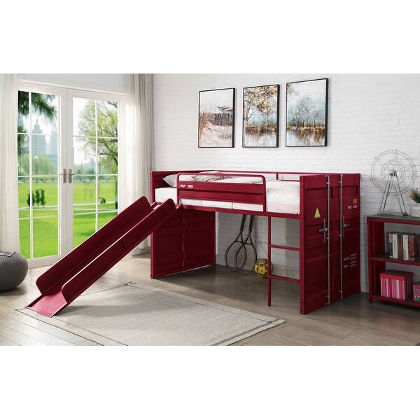 slide 2 of 6, Red Twin Size Metal Loft Bed with Slide for Kids Red