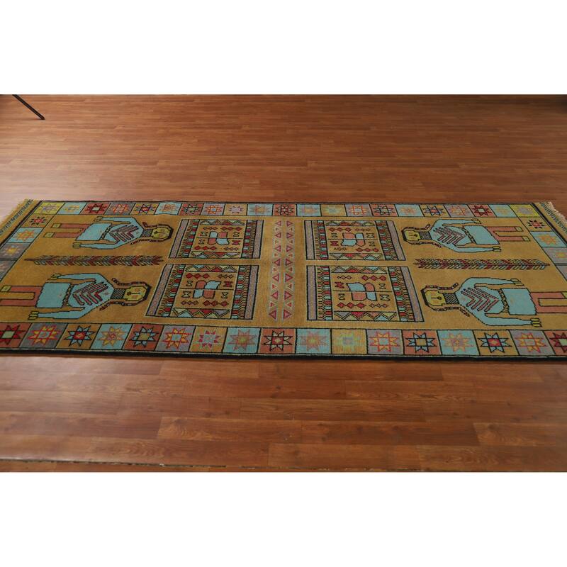 Hand Knotted Oriental 100% Wool Carpet Traditional Tribal Yellow & Gold Heriz (serapi) Runner Rug - 9' 10'' X 3' 10''