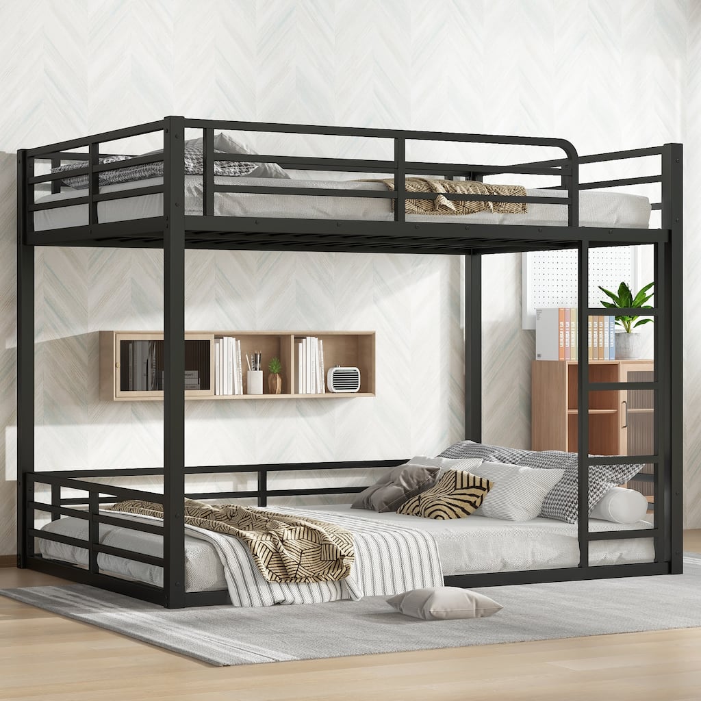 Metal Bunk Bed, Full over Full Floor Bunk Bed Frame,Heavy-Duty Bunk Bed for Kids, Teens, Adults, Noise-reduced Design, Black