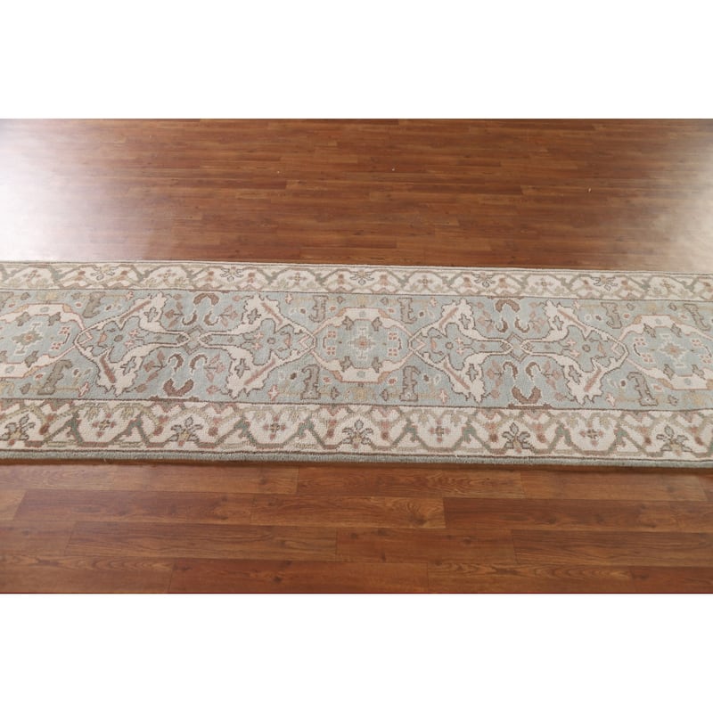 Floral Blue Oushak Runner Rug Hand-knotted Wool Carpet - 2'9"x 9'10"