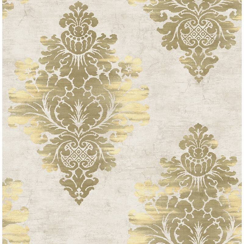 Seabrook Designs Lara Distressed Damask Unpasted Wallpaper - 20.5 in. W x 33 ft. L - Neutral & Metallic Honey