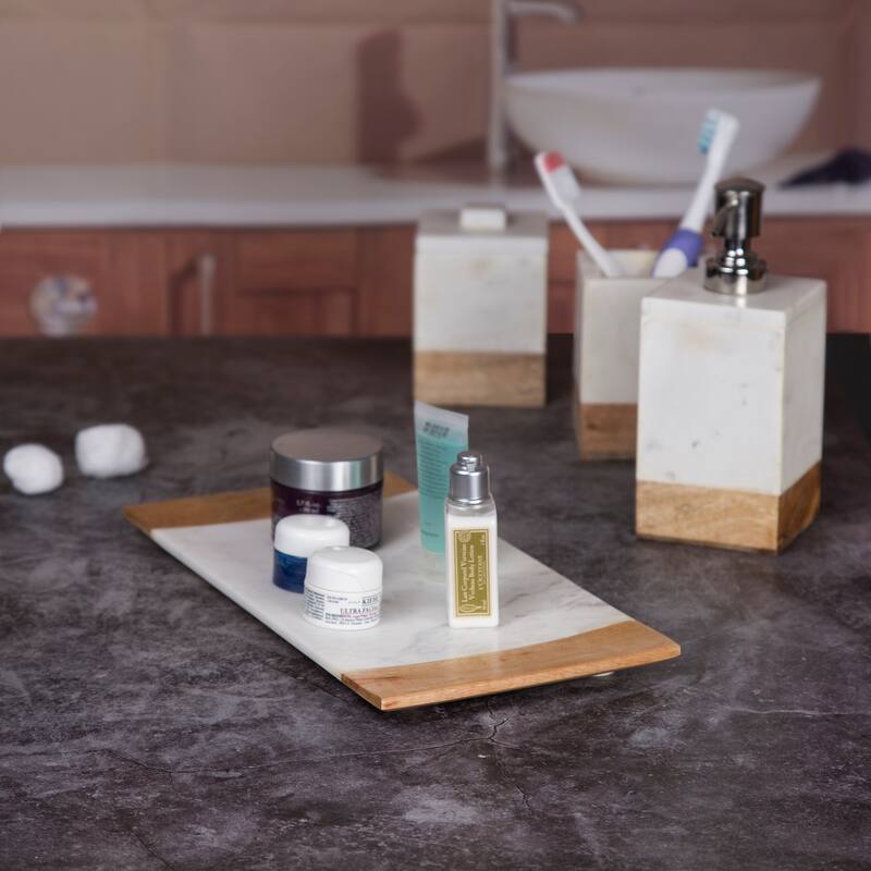 Creative Home Off-White Marble and Mango Wood Vanity Tray, Bath Towel Tray, Bathroom Accessory Organizer