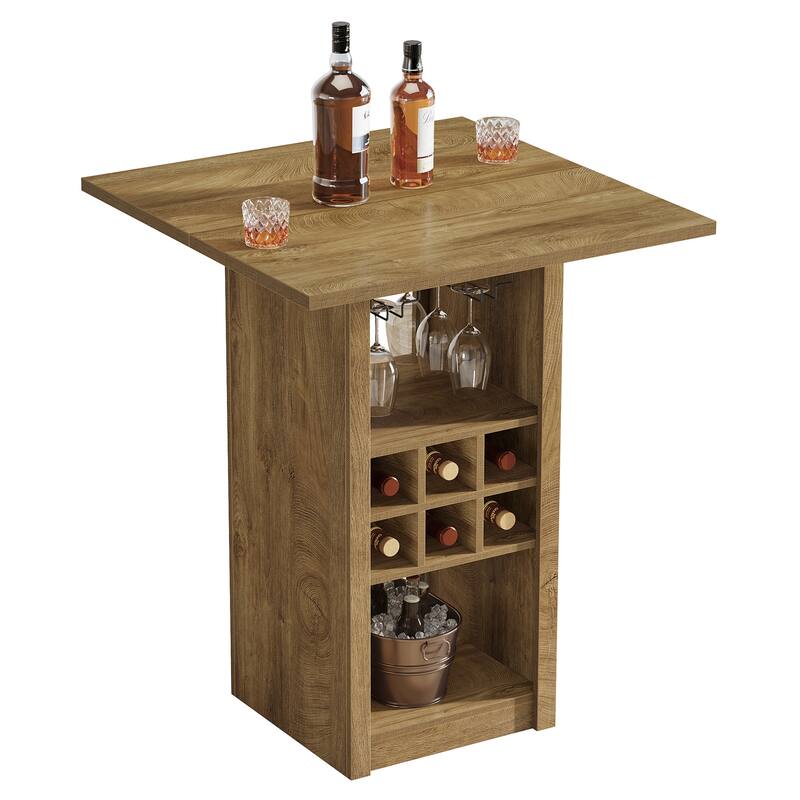 Wood Counter Height Bar Table, Glass Holders Wine Racks Storage Shelves, Kitchen Bistro High Top Pub Cocktail Home Bar Unit