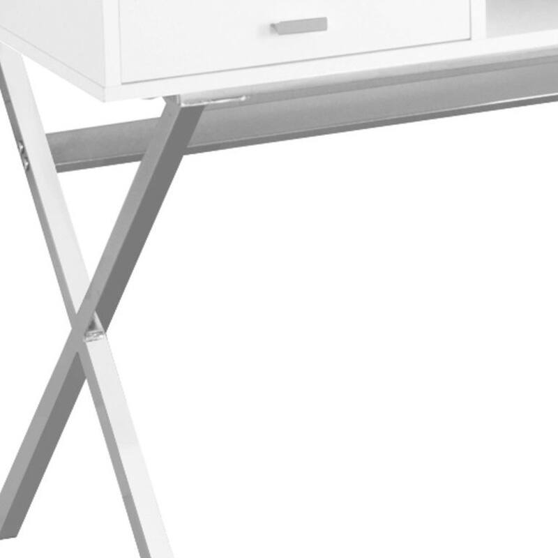 White Wood Computer Desk with Silver Metal Base, 2 Drawers and Glossy Finish