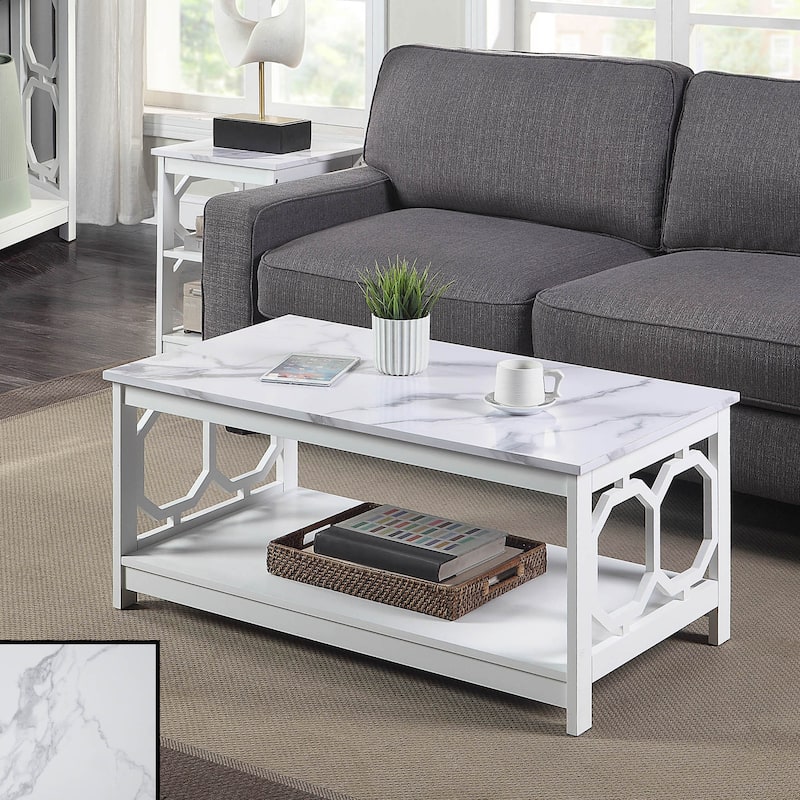 Convenience Concepts Omega Coffee Table with Shelf - White Faux Marble/White