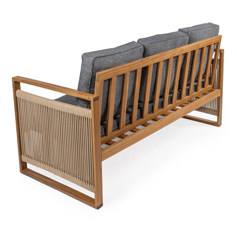 Saranac 3-Seat Mid-Century Modern Roped Acacia Wood Outdoor Sofa with Cushions, by JONATHAN Y
