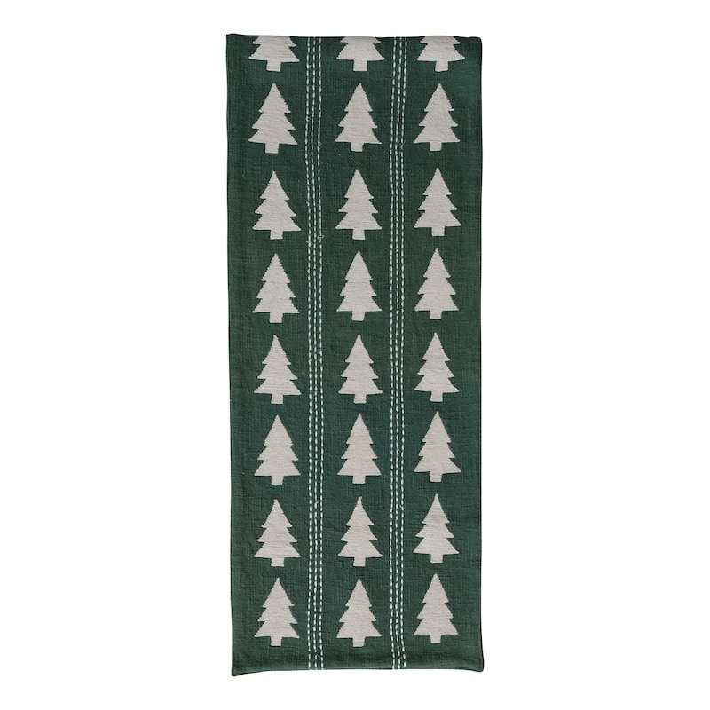 Slub Table Runner with Tree Pattern, Embroidery and Stitching - Green;Natural
