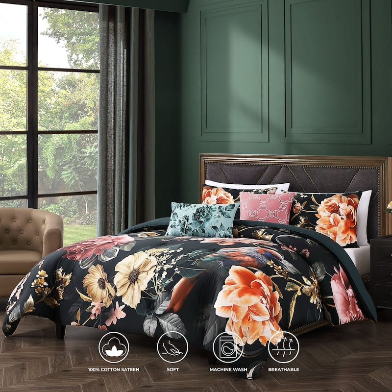 Bebejan Botanical Birds 100% Cotton Sateen 5 Piece Reversible Comforter Set